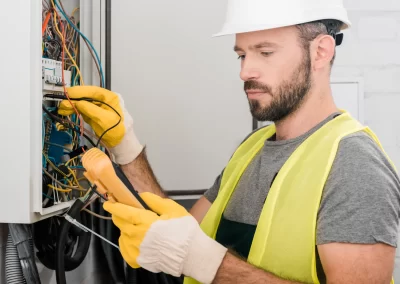 Electrician inspecting breaker box with multimeter