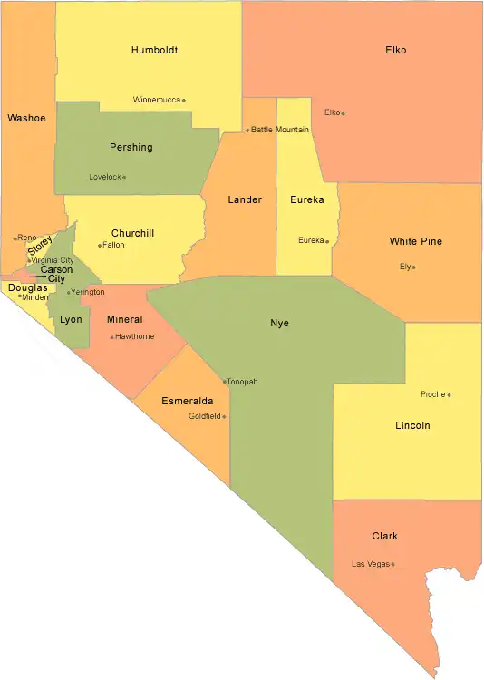 Colorful Nevada counties map