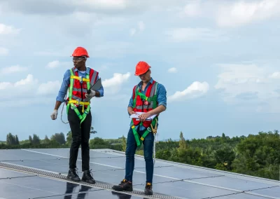 Technicians inspecting a solar panel installation