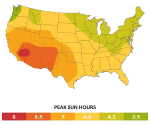 Map of sun hours for the United States